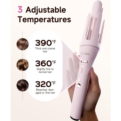 5 in 1 Auto Curling Iron Set with Interchangeable Barrels - 1, 1.25, 1.5 Curling Wand, Hair Crimper & Straightening Brush, Rotating Ceramic Curler, 3 Temp, Dual Voltage, Anti-Scald, Pink