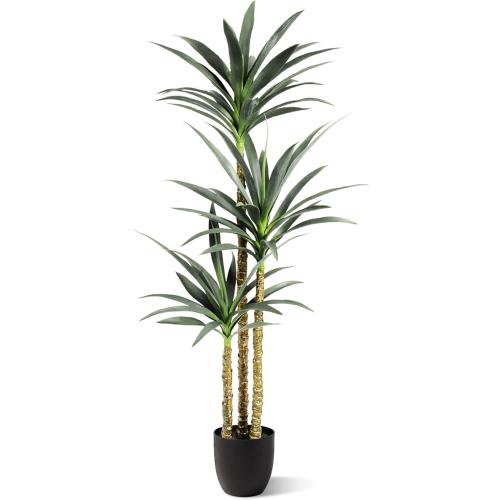 Hyper Realistic Dracaena 5ft Tall - Real Touch & VU Protected Faux Yucca Floor Plant in Pot- Artificial Agave Plant Fake Tree with Black Planter Indoor Outdoor Patio Decor