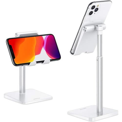 OMOTON Cell Phone Stand, Adjustable Angle Height Desk Phone Dock Holder for iPhone Air 17 Pro Max/Plus/XS/XR, Samsung Galaxy S20 / S10 / S9 / S8 and Other Phones (3.5-7.0-Inch),Silver/White***