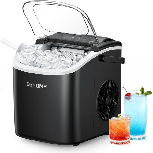 EUHOMY Countertop Ice Maker Machine with Handle, 26lbs in 24Hrs, 9 Ice Cubes Ready in 6 Mins, Auto-Cleaning Portable Ice Maker with Basket and Scoop, for Home/Kitchen/Camping/RV. (Black)