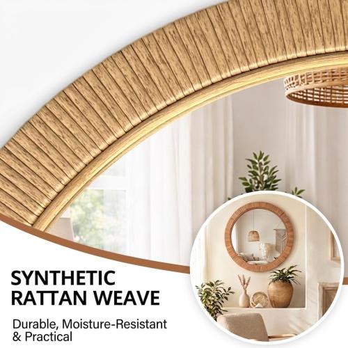 26x26 inch Large Round Rattan Mirror for Wall, Boho Decorative Wicker Mirror Waterproof Synthetic Rattan Frame, for Bathroom, Bedroom, Living Room, Entryway