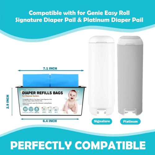 Diaper Pail Refills Bags with 30 Bags Compatible with For Genie Easy Roll Signature and Platinum Diaper Pails, 7-Layer Odor-Barrier Technology, 1 Pack (3 Pack)