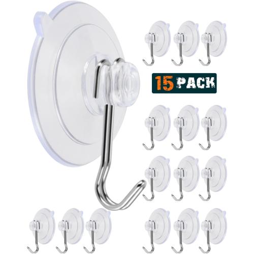 Suction Cup Hooks, Transparent PVC Removable Reusable, for Glass Windows, Mirrors, Doors, Tiles, 15 Pack