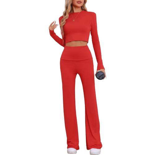 cheibear Womens Lounge Sets Long Sleeve Crop Top Foldover Flare Pants Casual Pajama 2 Piece Outfits Small