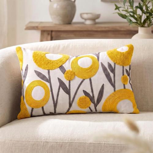 ARTMAGIC Embroidered Floral Throw Pillow Cover Boho Decorative Pillowcase | Yellow 12x20 Tufted Cushion Cover, For Couch Sofa Bed, Living Room Bedroom Decor