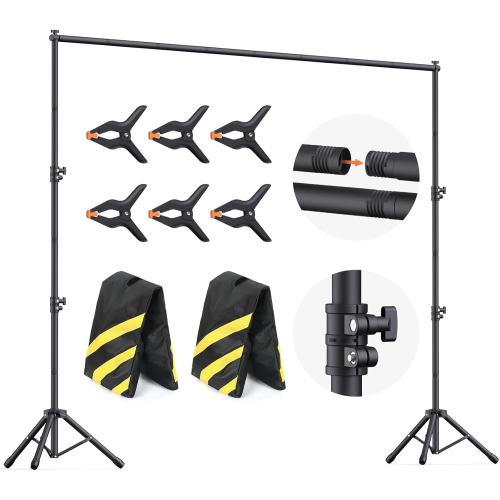 Backdrop Stand 10x7.5ft (WxH), Photo Backdrop Stand for Parties, Heavy Duty Background Stand Kit with 6 Clamps and 2 Sandbags