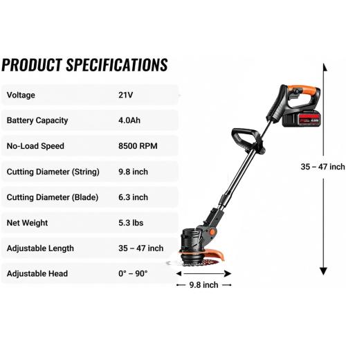 21V Cordless Weed Wacker, 2×4.0Ah Battery Powered Weed Trimmer, Electric Weed Eater with 3 Types Blades, Adjustable Cutting Height & Angle, Brush Cutter & Edger Lawn Tool for Garden Yard Care