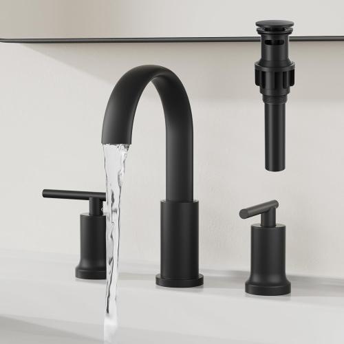 3 Matte Black Waterfall Bathroom Faucet 3 Hole, Widespread Two Handle Bathroom Sink Faucet Vanity Faucet, 8 Inch Bathroom Faucets for Sink with cUPC Supply Lines and Pop-Up Drain