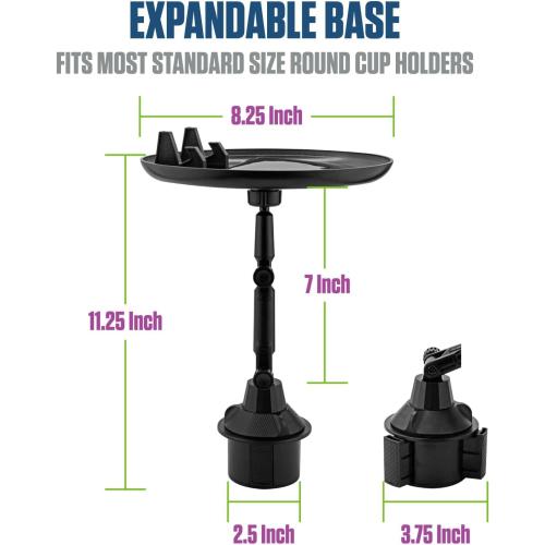 Cellet Cup Holder Tray for Car with Phone Mount – Expandable Base, 360° Rotation Food & Drink Tray with Non-Slip Surface, Adjustable Arm for Eating in Vehicle – Fits Most Standard Car Cup Holders