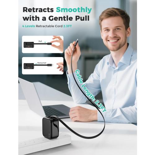 2-in-1 Retractable Wall Charger Plug with USB C Port and 27in/70cm Type C Cable,Travel Essentials 30W Fast Charging Foldable Block for iPhone 16/15/,iPad,Galaxy,Pixel-Black