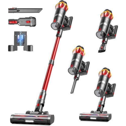 Cordless Vacuum Cleaner, 650W/55KPa 70Mins Vacuum Cleaners for Home, Self-Standing Stick Vacuum with Anti-Tangle Brush & OLED Touch Screen, Vacuum Cleaner for Hardwood Floors,Carpet,Pet Hair,Car (Red)