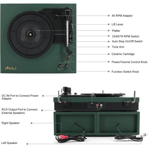LP&No.1 Record Player with Stereo Bookshelf Speakers, Vintage 3-Speed Belt Drive Turntable, Wireless Input, RCA Output, Auto Stop Function | Dark Green