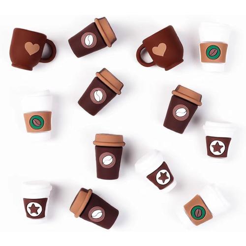 Coffee Cup Silicone Beads for Pen Making 8pcs 3D Cartoon Coffee Cup Charms with Heart & Star Design, DIY Craft Supplies for Bullet Journal Pens, Teacher Gifts, Office Stationery Accessories