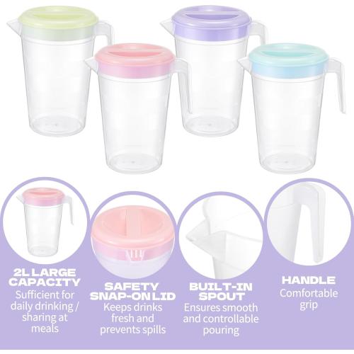 8 Pcs Plastic Pitcher with Lid & Handle, 2Qt Clear Water Pitcher Set, Round Beverage Pitchers with Easy Pour Spout for Water, Iced Tea, Party, Picnic, Camping and Home (4 Colors)
