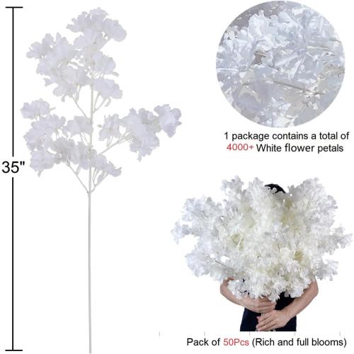 50Pcs in Bulk Artificial White Cherry Full Blossom Branches 35 Inch for Tall Floor Vase Wedding Home Decoration Fake Silk Flowers for Table Centerpiece Garden Party Indoor Outdoor (White - 50Pack)