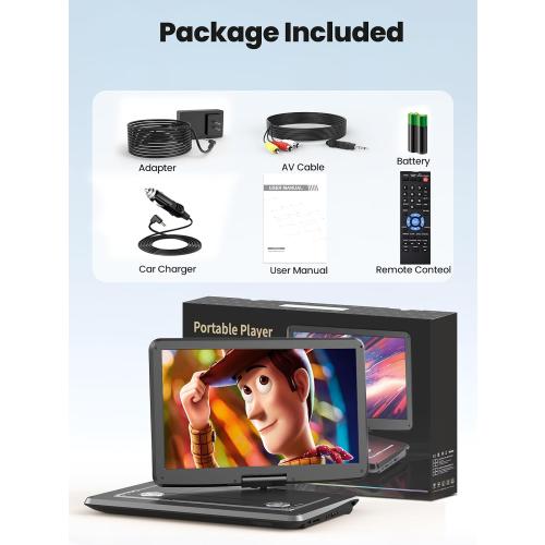 Arafuna 18 Portable DVD Player with with 5-Hour Rechargeable, 16 HD Swivel Screen with Dual Stereo Speakers, Support USB/SD/Sync TV, Regions Free
