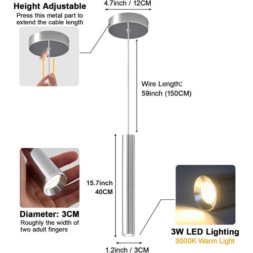 2 Pack Chrome Cylinder Pendant Lights for Kitchen Island, Modern 3W LED | 3000K warm integrated LEDs in slim 15.7 x 1.2 in chrome tubes; 59 in adjustable cords suit dining tables, bars and bedrooms