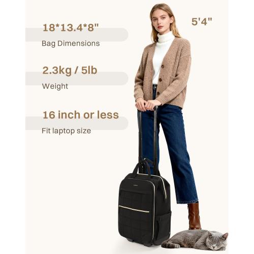 Rolling Puffer Backpack for Women, Wheeled Laptop Backpack, Short-Term Travel Backpack with Wheels, Roller Adults Work Computer Bag, Water Resistant Overnight College Underseat Carry on Luggage, Black