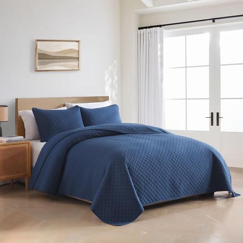 Cotton Quilt Bedding Sets Queen Size, 3 Pieces Reversible Lightweight Coverlets Comforters Bedspreads for All Seasons,Geometric Stitching Pattern,Navy Blue