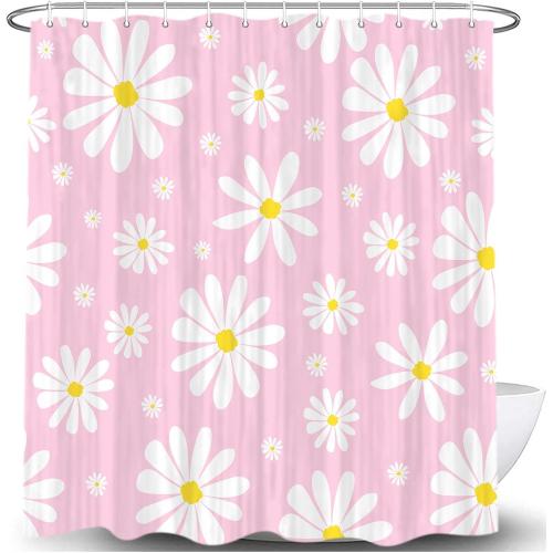 Pink Daisy Floral Shower Curtain, Cute Boho White and Pink Groovy Retro Flower Fabric Shower Curtains Set for Girls Bathroom Decorative, Aesthetic Restroom Decor Accessories with Hooks 72X72 Inch