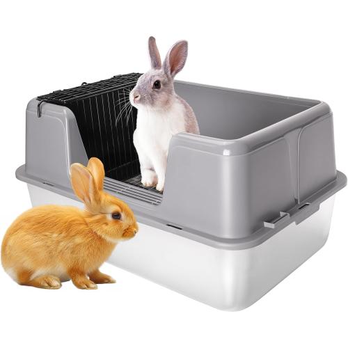 XL Rabbit Litter Box, 23.6 L x 15.7 W x 12.4 H Stainless Steel Rabbit Litter Box with Lid, Hay Feeder with Hooks, Footed Metal Grid, Easy to Clean for Medium and Large Rabbits