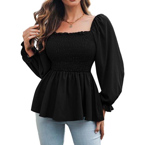 Size XL Vrtige Women's Square Neck Shirred Ruffle Hem Long Sleeve Blouse Shirt Peplum Top