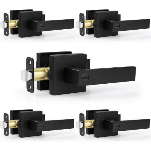 Estmoon 5 Pack Matte Black Door Handles Interior Door Knobs, Keyless Privacy Bedroom Door Lock, Heavy Duty Zinc Alloy Home Improvement Door Leverset for Bedrooms Bathrooms‼️1 has been opened‼️