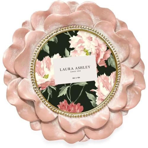 Laura Ashley 4x4 Pink with Gold Round Resin Ornate Flower Design Picture Frame with Beaded Border, for Tabletop and Wall Display, Floral Home Décor (Pink with Gold)