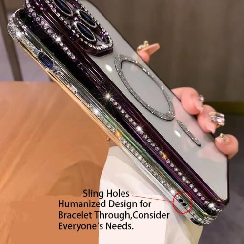 Magnetic Glitter Diamond for iPhone 15 Pro Max Case[Compatible with MagSafe] Glitter Rhinestone Diamond Camera Lens Protector Plated,Clear Slim Military Drop Shockproof Cover for Women,Pink