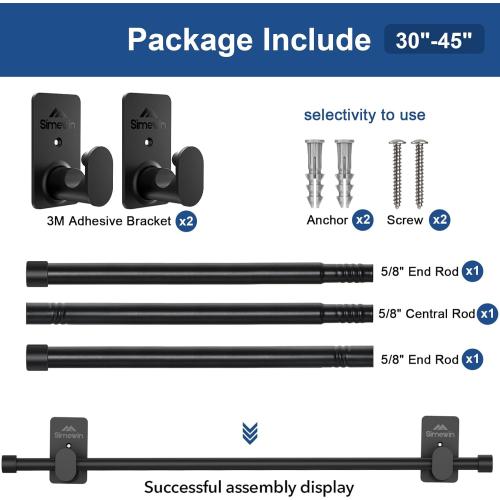 Curtain Rods No Drilling for Windows 30 to 45 Inches,5/8 Inch Diameter No Drill Small Curtain Rod Set with 3M Adhesive Brackets, Black