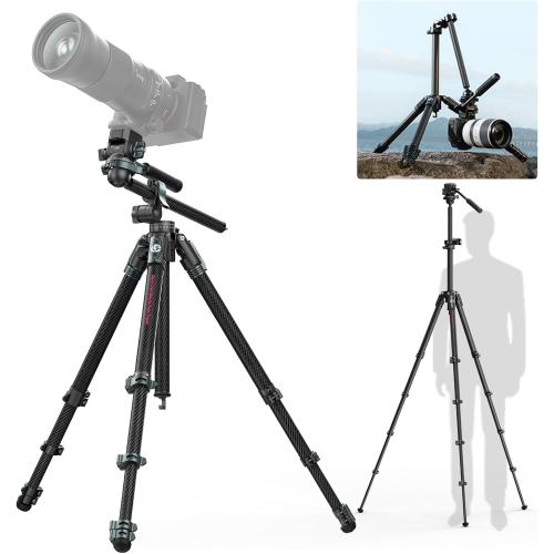 Black ULANZI JJ06 73.6 Carbon Fiber Video Tripod, Horizontal Tripod w Central Column,Handle and UKA Quick Release Plate for Cameras/DSLR/Camcorder, Dual 360° Pan Head, Weight 3.88 lbs, Maxload 39.7 lbs