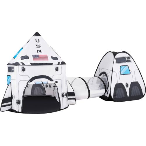 JOYIN White Rocket Ship Pop up Play Tent with Tunnel and Playhouse Kids Indoor Outdoor Spaceship Tent Set