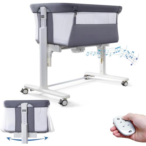 Electric Bassinet for Baby, 3 Speeds Automatic Rocking Bassinets with All mesh, 5 Height Adjustment Bedside Crib for Nweborn, 8 Music, Wheels, Light Grey