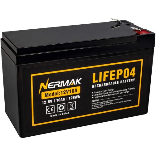 NERMAK 12V 10Ah Lithium LiFePO4 Deep Cycle Battery, 2000  Cycles Rechargeable Battery for Solar/Wind Power, Lighting, Power Wheels, Ride-on Toy, Fish Finder and More, Built-in 10A BMS