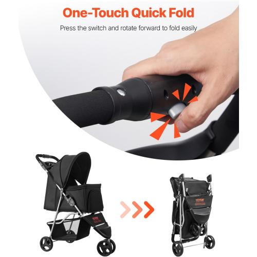 VEVOR Pet Stroller, 35 lbs Weight Capacity, Foldable Dog Cart, 3 Wheels Cats Carts with Mesh Windows and Cup Holders, Portable Pet Carrier Stroller with Brake, for Small to Medium Pets