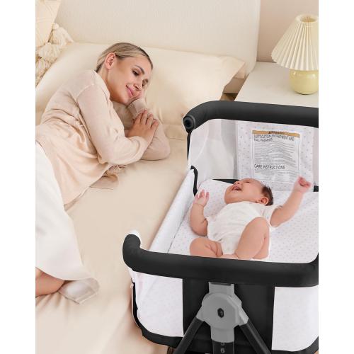3 in 1 Baby Bassinet, Bedside Crib with Breathable Mesh, Bassinet Bedside Sleeper with Wheels, Mosquito Net, Storage Basket, 6 Height Adjustable, Easy to Fold, Rocking Bassinet for Baby, Black