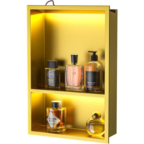 Led Shower Niche 18 X 12 Gold Stainless Steel Shower Niche with 2-Tiers Shelf & Light IP66 Waterproof No Tile Needed Niches Shower for Bathroom Storage Recessed Bathroom Shower Shelf
