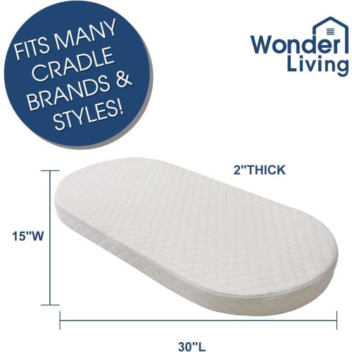 Baby Bassinet Mattress, Breathable, Hypoallergenic, Premium Foam, Non-Toxic, Oval Shaped with Removal Waterproof Cover,15 x 30 x 2'', White