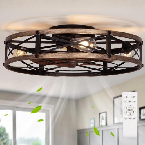 24 Farmhouse Flush Mount Ceiling Fans with Lights, Caged Low Profile Enclosed Ceiling Fans with Lights and Remote, Rustic Large Bladeless Ceiling Fan with Light for Bedroom, Kitchen - ETL