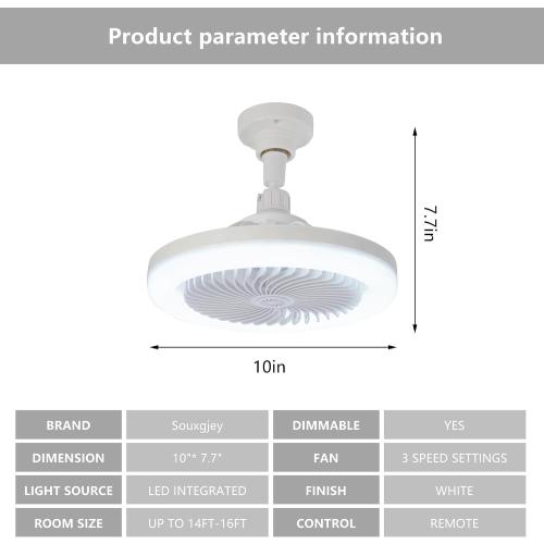 Socket Fan Light with Remote,E26/E27 Screw-in Small Ceiling Fan,Dimmable 3000K-6000K LED,3 Speeds,Low Profile Fixture for Bedroom Kitchen Garage-White