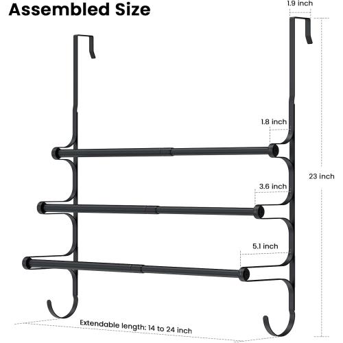 Over The Door Towel Rack, Extendable Triple Towel Storage Holder with Hooks, 24.02 Inches Towel Bar Hanger Towel Racks for Bathroom (Black)