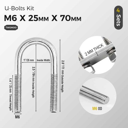4 Sets Round U-Bolts, 1 inch Wide Stainless Steel U Clamp Bolts with Frame Plates and Nuts for Automobile, Wood, Tube, Boat Trailers (M6 x 25mm x 70mm)