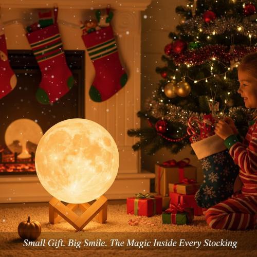 4.7, yellow and white Mydethun Moon Lamp - 3D Printed LED Night Light 4.7' with Wooden Base, White Elephant Gift for Women, Mom, Kids, Christmas Thanksgiving Table Decor Touch-Dimmable & Dual-Color, White & Yellow
