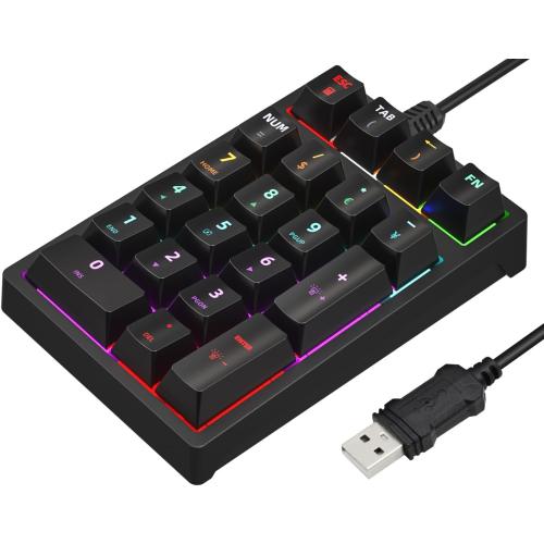 198i Number Pad, Mechanical USB Wired Numeric Keypad with Color Backlit 21 Key Numpad for Laptop Desktop Computer PC Black (Blue Switches)