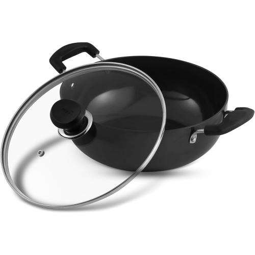 Vinod Black Pearl Hard Anodized Deep Kadhai with Glass Lid – Black - 3.1 Liters (3.2 Quarts) – 24cm – Riveted Handles - Multi-Use Pot/ Wok - Suitable For Indian Cooking, Sauces, Pasta, Stews, Soups‼️missing glass lid‼️