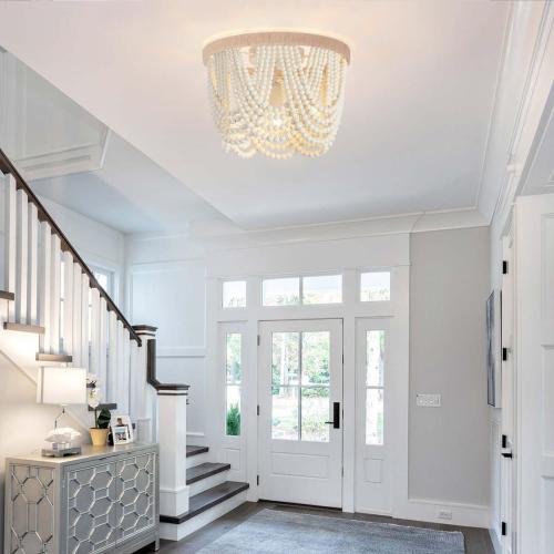 Boho Wood Beaded Chandelier, Flush Mount Ceiling Light,Farmhouse Rustic Jute Wooden Bead Chandeliers Fixture for Drawing Room，Bedroom,Hallway, Entryway,Dining Room(3-Light)