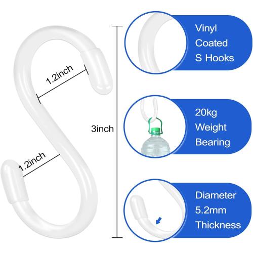 DINGEE White S Hooks, 3 Inch Vinyl Coated S Hook for Hanging Plants,10 Pack Non Slip Heavy Duty Small Rubber Coated Closet S Hook for Hanging Jeans Plants Jewelry Pot Pan Cups Towels