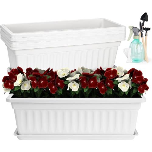 HOXHA 6 Pack Window Box Planter, 17 Inches Vegetable Flower Plastic Planter Boxes with Tray, Rectangular Planter Indoor and Outdoor Flower Pots for Windowsill, Patio, Porch, Garden Balcony, White
