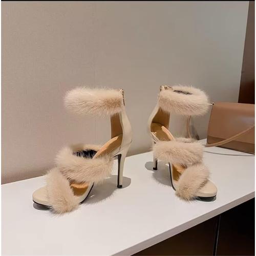 FURINFASHION GR-67 Women's Luxury Real Fur Heeled Sandals Summer With Real Mink Fur Straps Furry Sexy High Heels Open Toe Thin Heels Stiletto (12, Nude Pink)