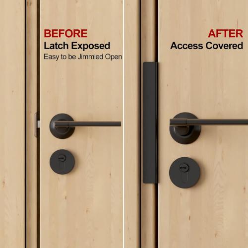 Door Latch Guard Plate 7” with 1” Offset Cover, Outswing Door Security Protector Shield, Heavy Duty Version, Door Knob/Deadbolt Latch Protector Plate (1 Pack)